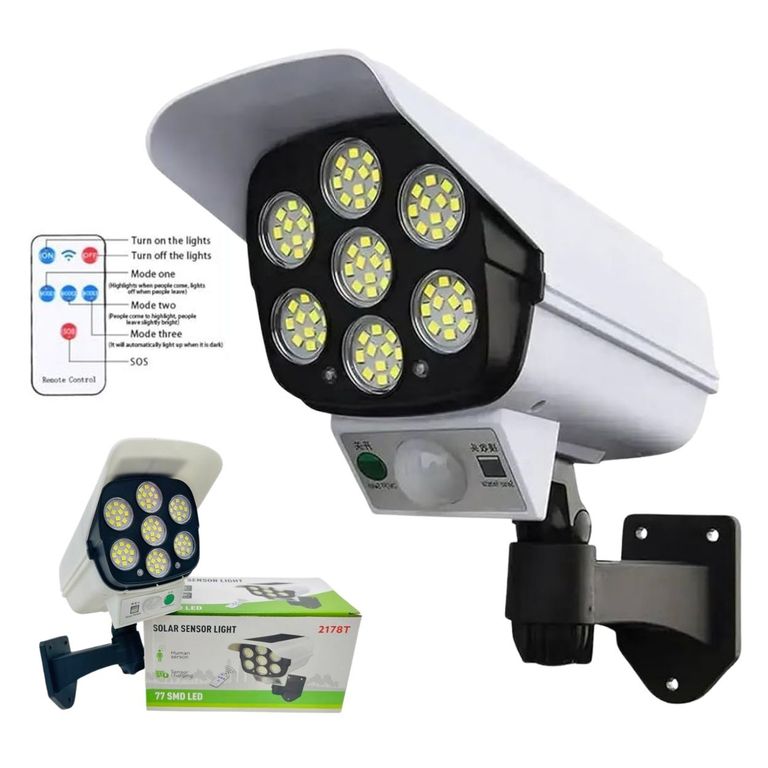 Foco Solar Sensor de Movimiento Exterior Estilo Cámara con Control Remoto - 77 SMD LED