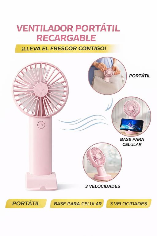 Ventilador Recargable Rosado Multifuncional Con Base Para Celular