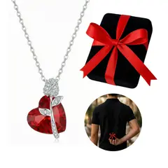 GENERICO - Collar Rosa Corazón Cristal Rojo Regalo Mamá Cumpleaños Acero Plateado