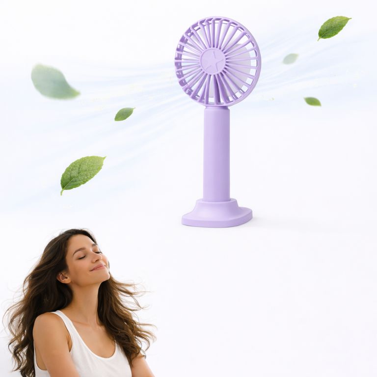 Mini Ventilador De Mano Lila Recargable 3 Velocidades Base Stand