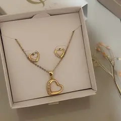 GENERICO - Collar con corazón circones + aretes - Bañado en oro 18 k - GALA JEWELRY PERU