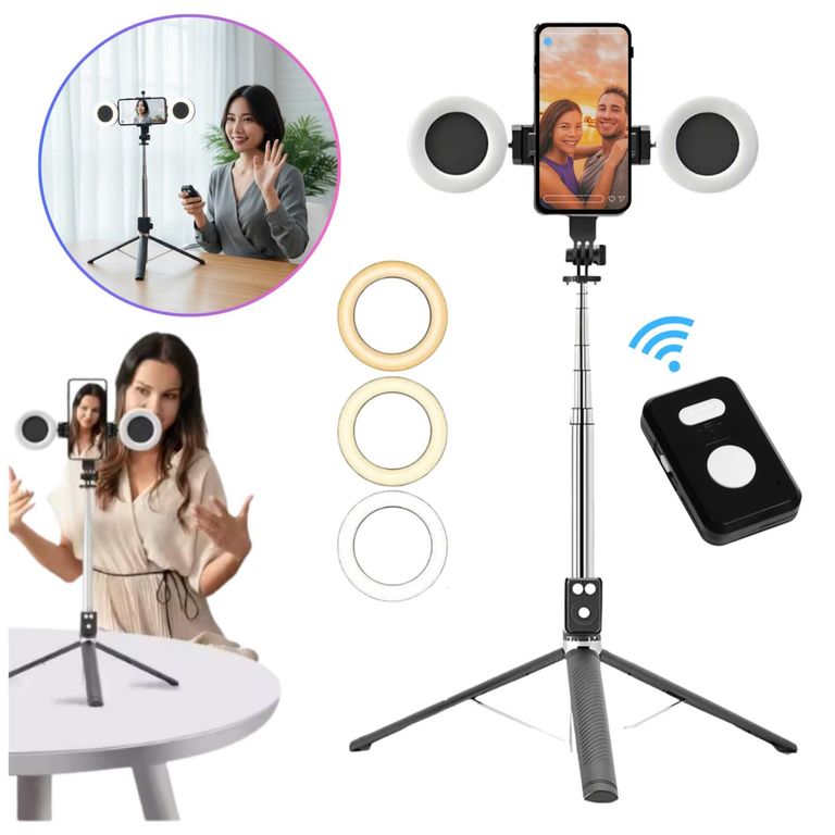 Tripode 170cm con Aro LUZ LED Palo Selfie Stick Control Remoto Bluetooth Transmisiones Live Streaming