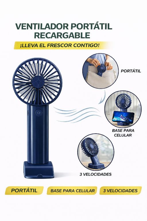 Ventilador De Mano Azul Compacto Recargable Ideal Oficina Viaje