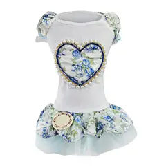 GENERICO - VESTIDO BLANCO ELEGANTE PARA PERRO MASCOTA CON TUL TIPO TUTU Y FLORES AZULES TALLA S