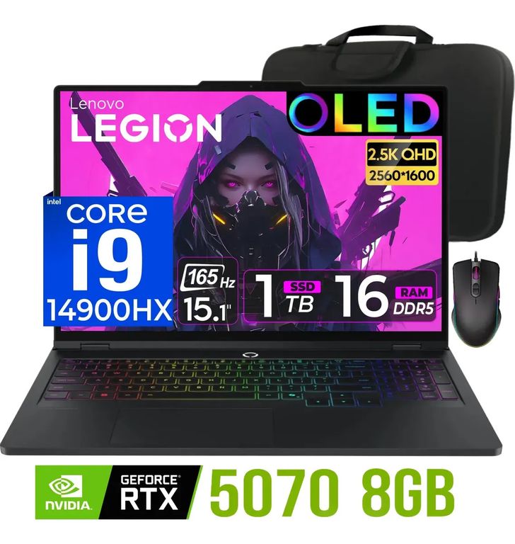 Laptop Legion 5 Core i9-14900HX Nvidia 8GB RTX5070 16gb ram 1tb Ssd 15.1″ OLED 165Hz