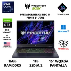 ACER - LAPTOP PREDATOR HELIOS NEO 14 ULTRA 7 155H 16GB 1TB SSD 8GB RTX4070 14.5 WQXGA WIN 11 AMERICANA