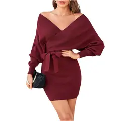 GENERICO - Vestido Murcielago Falda Corta Incluye Lazo Tic-22 Color Vino