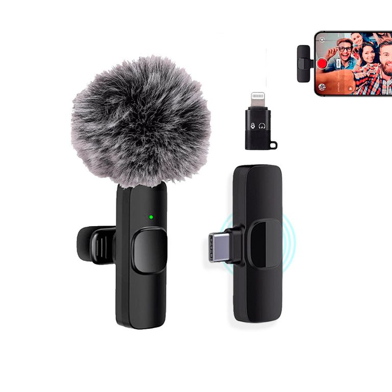 Micrófono Inalámbrico Solapero Tipo C + Adaptador para iPhone y filtro antiviento