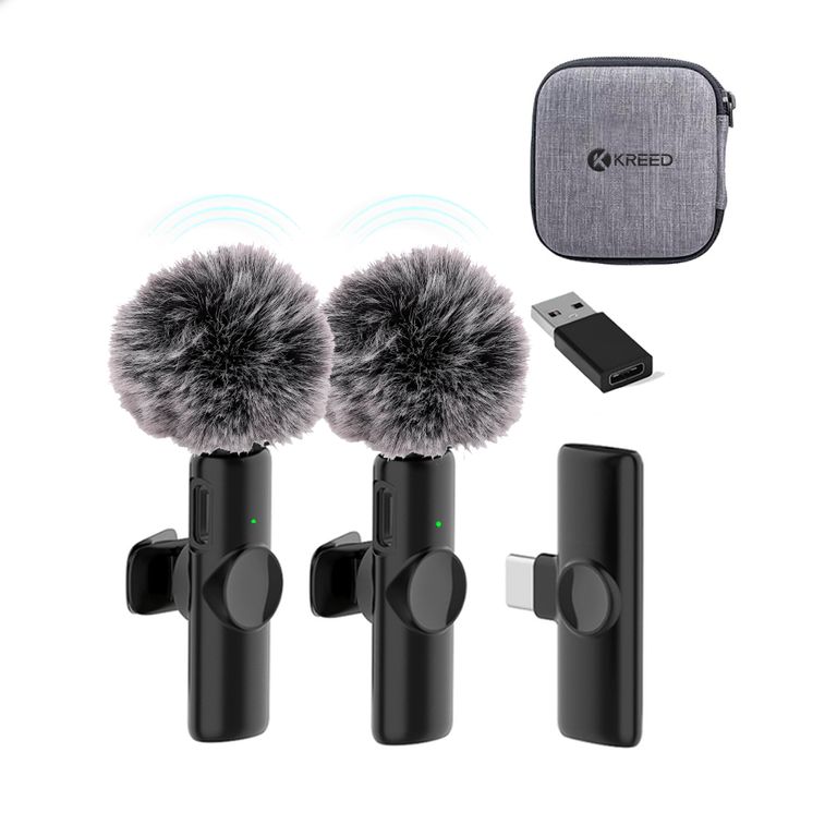 Micrófono Solapero Inalámbrico DUAL Tipo C con adaptador USB y filtro antiviento K11