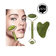 GENERICO - Dúo Masajeador Rodillo Facial + Gua-Sha en piedra natural de Cuarzo en VERDE
