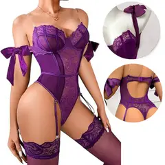 GENERICO - Body Lazo De Encaje Con Medias Lencería Sexy Diseño Morado Unico Exclusivo