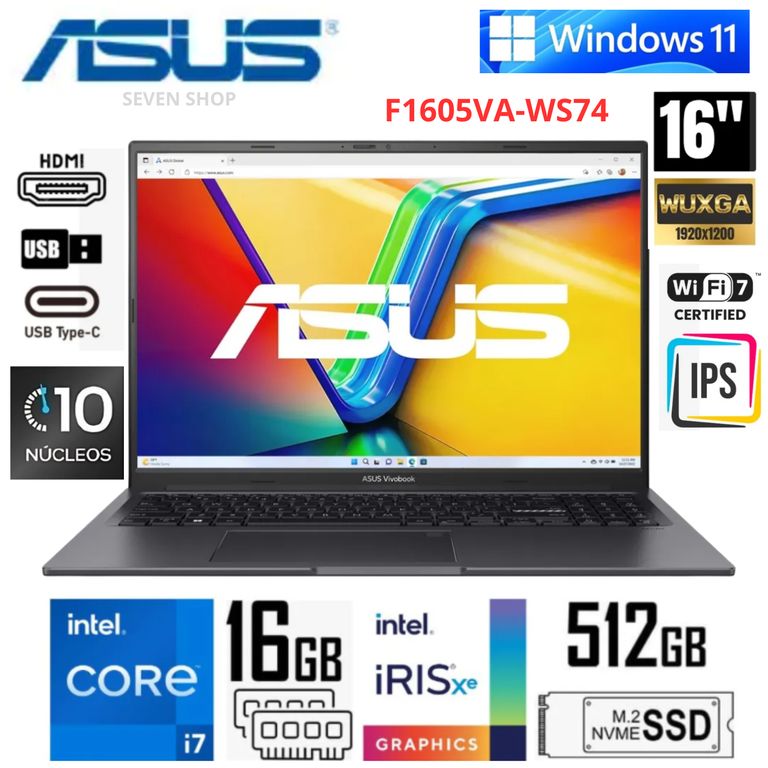 Laptop Vivobook 16 F1605VA-WS74 16” WUXGA Intel Core i7-1355U 16GB RAM 512GB SSD