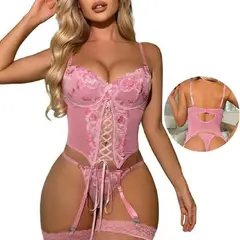 GENERICO - Conjunto Lencería Bralette Tanga Encaje Floral y medias 3 piezas