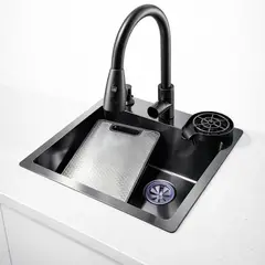 GENERICO - Lavadero de cocina 60x45x22 Multifuncional Nano Black incluye Grifo mezcladora + 4 accesorios