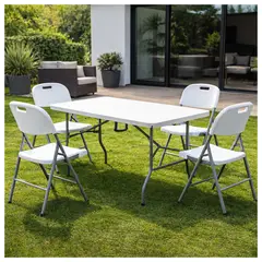 ATLETIS - Combo Juego de Terraza Plegable 5 Piezas Mesa 180 cm + 4 Sillas Blancas