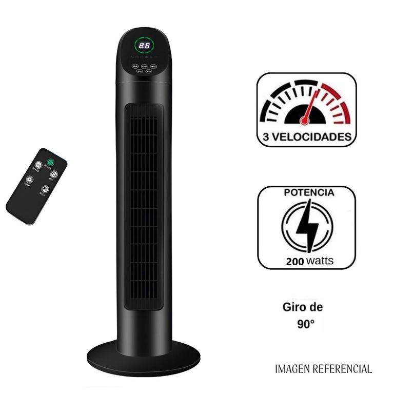 Ventilador Torre 86cm 3 Velocidades 200W 90° Silencioso Con Control - Black