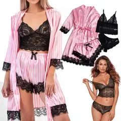 GENERICO - Conjunto Pijama 4 piezas mujer,lencería de satén de seda, ropa de dormir sexy con bata