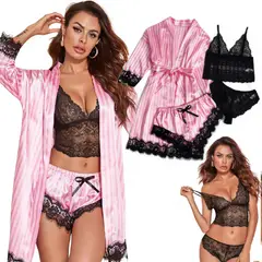 GENERICO - Conjunto Pijama 4 piezas mujer,lencería de satén de seda, ropa de dormir sexy