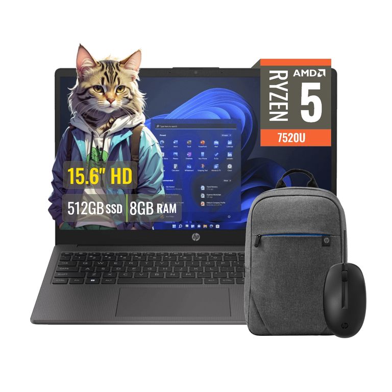 Laptop 255 G10 RYZEN 5 7520U Pantalla 15.6, RAM 8GB, SSD 512GB +Mochila y Mouse