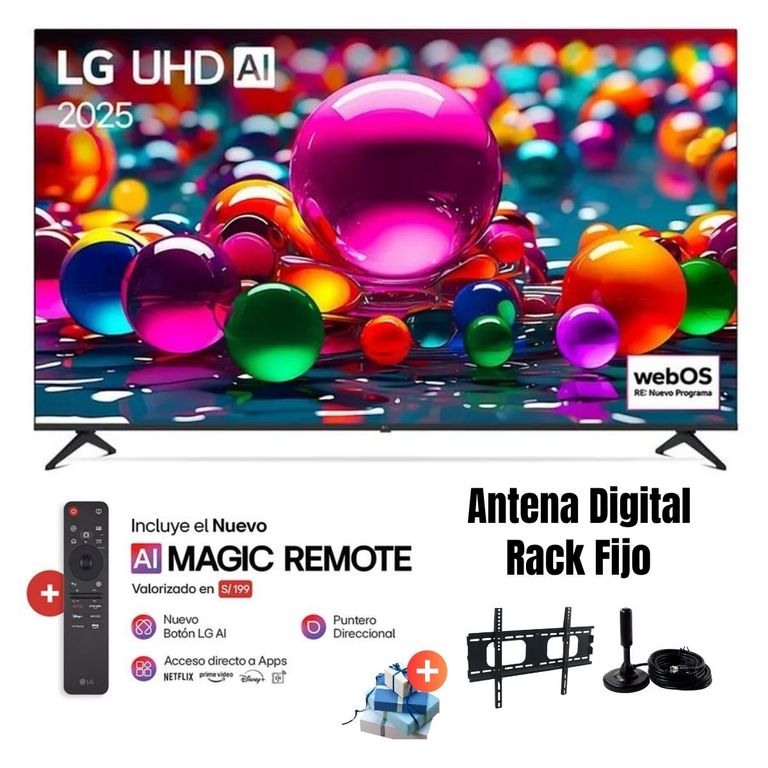 TELEVISOR 75 UHD 4K 75UA8050PSA SMART TV THINQ AI 2025 + ANTENA + RACK FIJO
