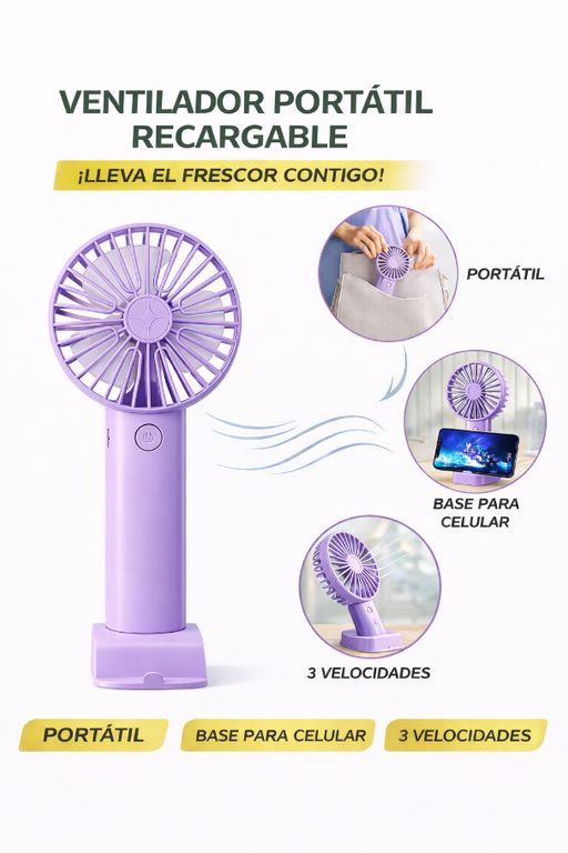 Mini Ventilador Lila Con Base Para Celular 3 Niveles Súper Fresco
