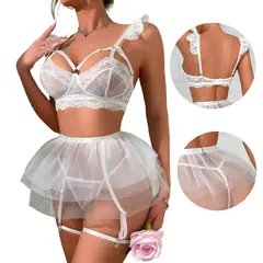 GENERICO - Lencería Mujer Conjunto Tutu Portaligas Encaje 4 Piezas Ropa Sexy