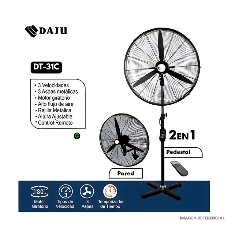 Ventilador Industrial DAJU 30" 2 en 1 (Pedestal y Pared) 230W con Control Remoto - DT-31C