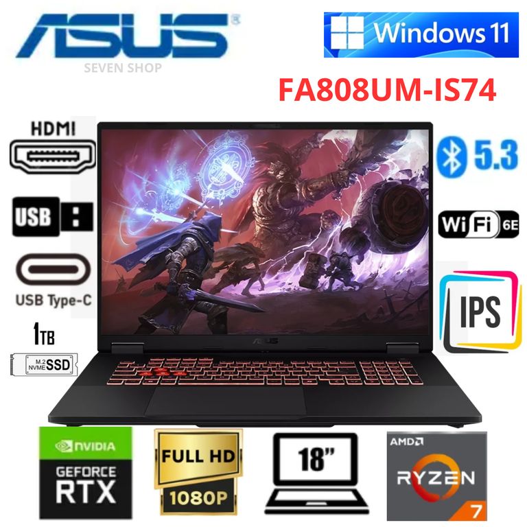 Laptop Gamer TUF A18 FA808UM-IS74 18″ AMD Ryzen 7 260 16GB RAM 1TB SSD RTX 5060 Windows 11