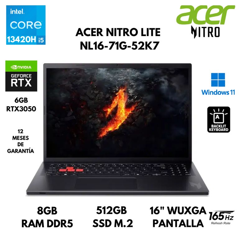 LAPTOP NITRO LITE NL16-71G-52K7 CORE I5-13420H 8GB RAM 512GB SSD 6GB RTX3050 16" WINDOWS 11