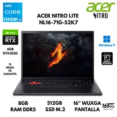ACER - LAPTOP NITRO LITE NL16-71G-52K7 CORE I5-13420H 8GB RAM 512GB SSD 6GB RTX3050 16" WINDOWS 11