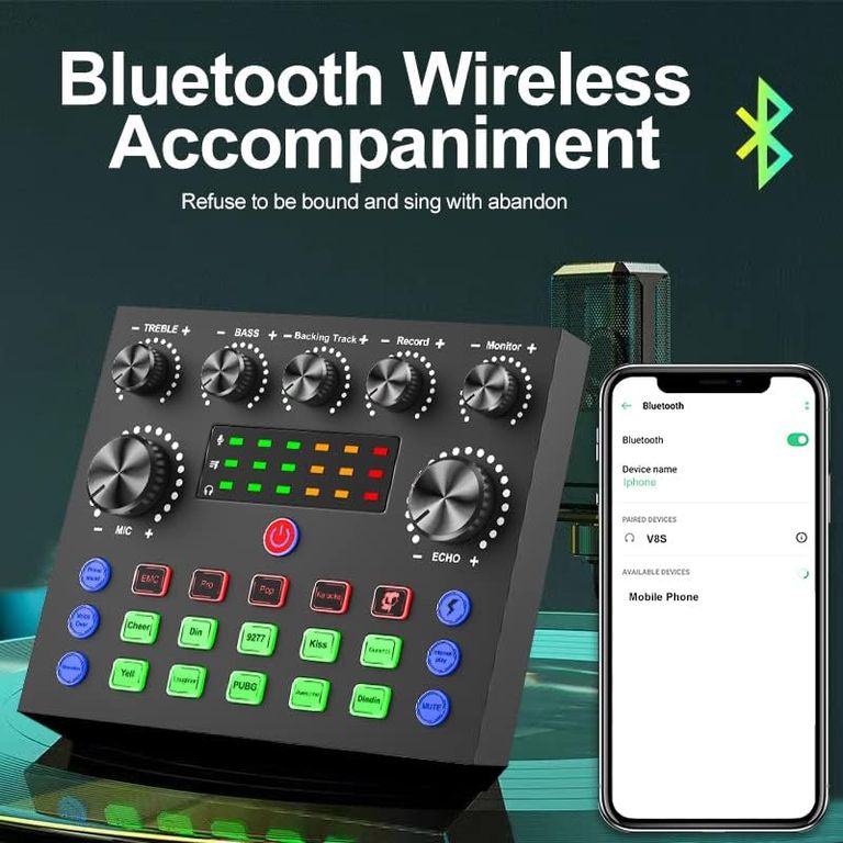 Consola de Sonido Mezcladora Poscast Tarjeta de Sonido V8S Recargable para Microfono Pc Celular