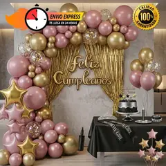 GENERICO - KIT PREMIUM - Decoracion para fiesta Palo Rosa con Dorado 74PC