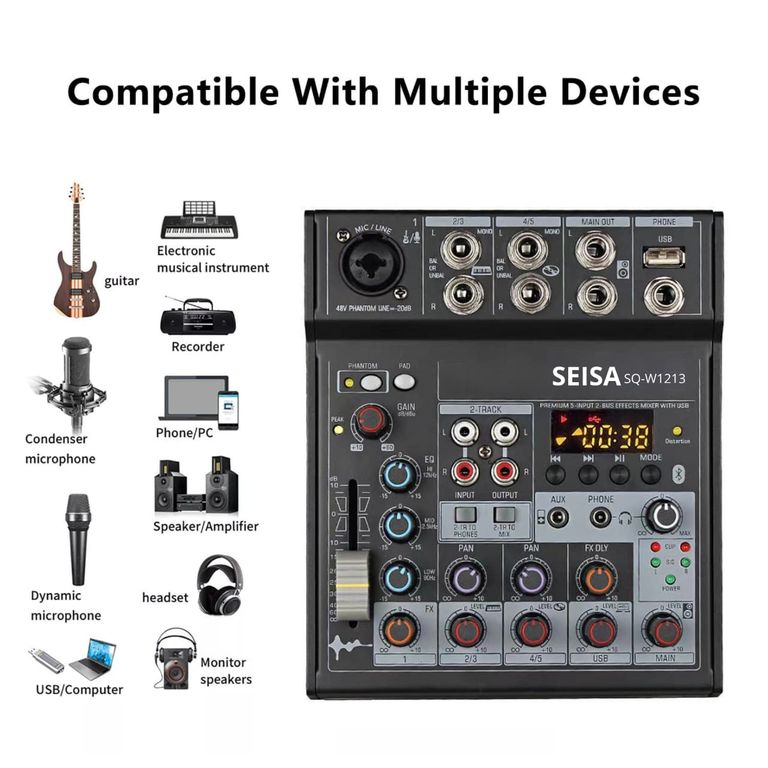 Mezclador de Audio Profesional de 5 Canales con Bluetooth, USB, Interfaz de PC y Phantom Power 48V