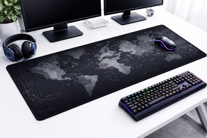 Mousepad XXL 80x30 Cm Negro Mapa Mundial Bordes Reforzados