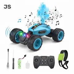GENERICO - CARRO STUNT CELESTE BOTA HUMO CON DOBLE CONTROL GIRO 360 GRADOS JS