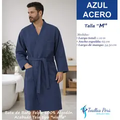 TOALLAS PERU DETALLES Y MAS - Bata de Baño Felpa 100% Algodón - Talla M Azul acero acabado Waffle