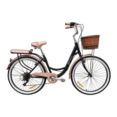 GENERICO - Bicicleta Vintage Aro 26 con Shimano Tourney y Canasta Amplia – Negro con Champagne