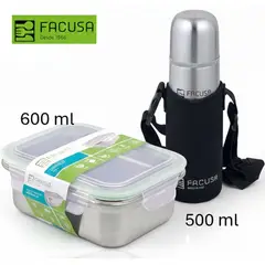 FACUSA - Set de Termo Acero Inoxidable 500 Ml y Taper Rect. 600 ml