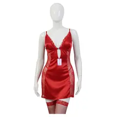 GENERICO - BABYDOLL LENCERIA DE ENCAJE SEXY CON MEDIAS ROJO S