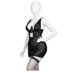 GENERICO - BABYDOLL LENCERIA DE ENCAJE SEXY CON MEDIAS NEGRO ML