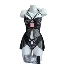 GENERICO - BABYDOLL DE ENCAJE LENCERÍA SEXY NEGRO