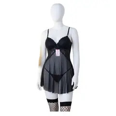 GENERICO - BABYDOLL DE ENCAJE LENCERÍA CON MEDIAS SEXY NEGRO