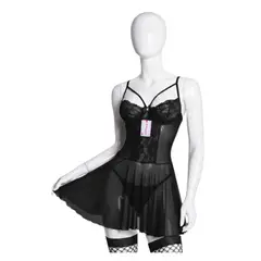 GENERICO - BABYDOLL LENCERIA DE ENCAJE NEGRO CON MEDIAS PIJAMA SEXY