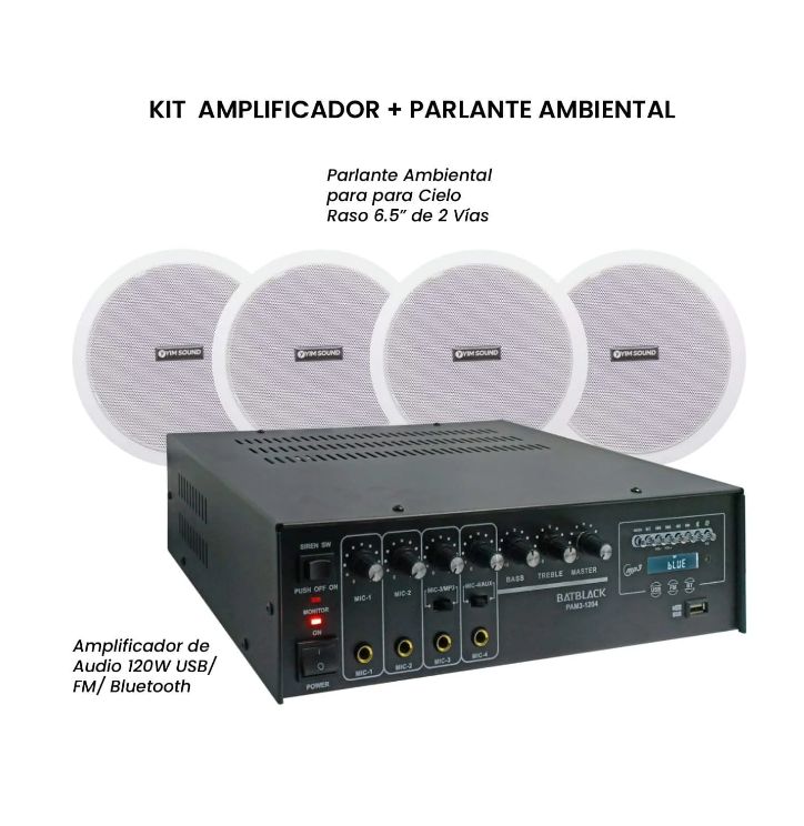 Kit Amplificador de Audio 120W + Parlante Ambiental 65” KIT-PAM3-1204-1