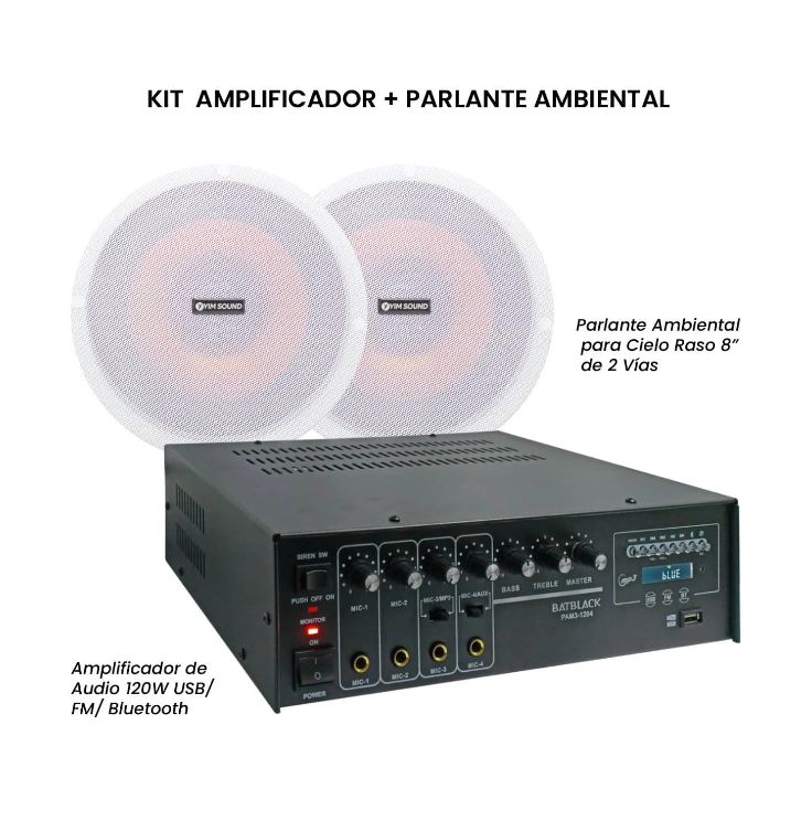 Kit Amplificador de Audio 120W + Parlante Ambiental 8” KIT-PAM3-1204