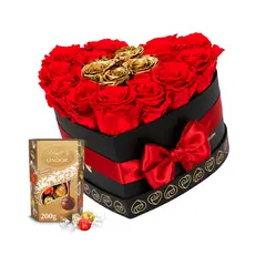 AIROSA - Corazón Eterno - Box 17-20 Rosas Rojo y Dorado + Bombones Lindt 200g