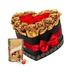 AIROSA - Corazón Eterno - Box 17-20 Rosas Dorado y Rojo + Bombones Lindt 200g