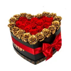 AIROSA - Corazón Eterno - Box Abundancia 30-34 Rosas Dorado y Rojo + Tarjeta