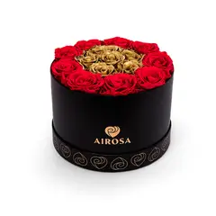 AIROSA - Rosa Eterna - Box Redondo 15-18 Rosas Rojo y Dorado + Tarjeta Premium