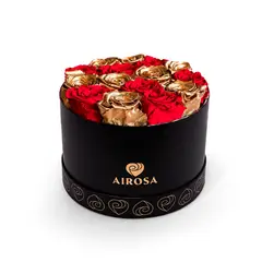 AIROSA - Rosa Eterna - Box Cilíndrico 15-18 Rosas Diseño Damero Rojo y Dorado + Tarjeta Premium